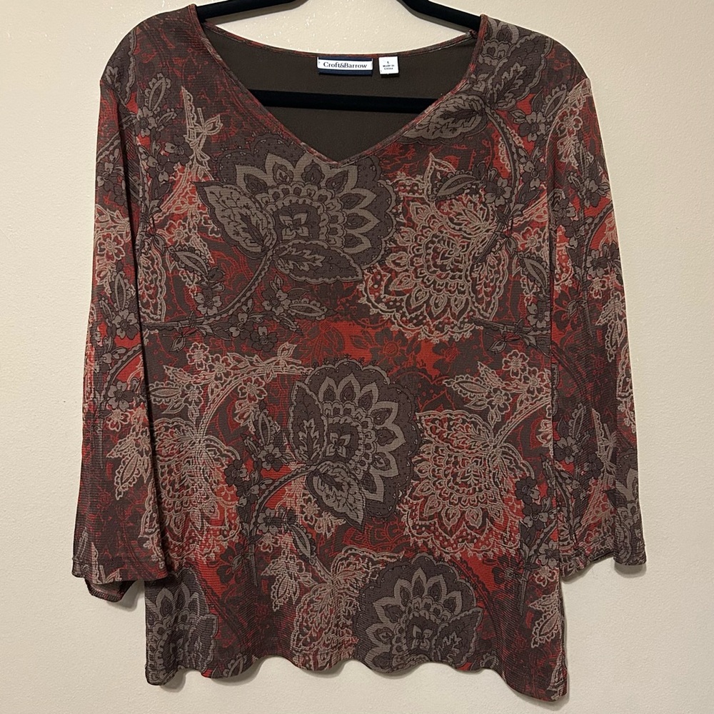 Croft & Barrow Y2K Brown Floral Blouse Sz L V Neck Paisley